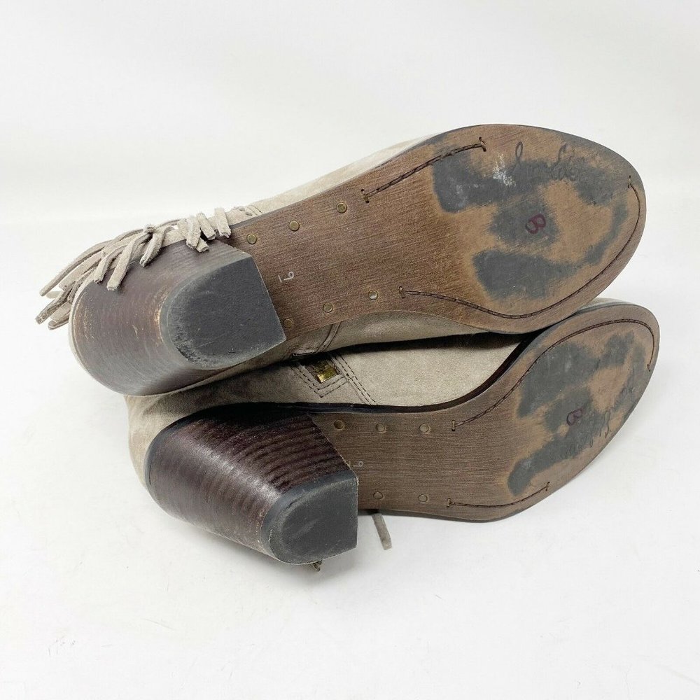 SAM EDELMAN LOUIE Boots Sz 9 Tan Suede Leather Fringe Ankle Booties Stacked Heel - Picture 8 of 11